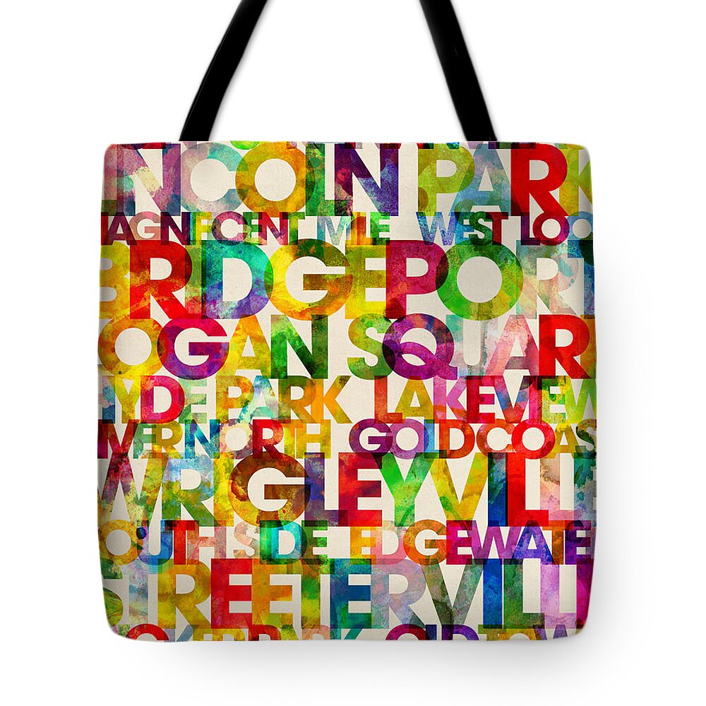 Chicago Tote Bag featuring the digital art Neighborhoods of Chicago by Michael Tompsett