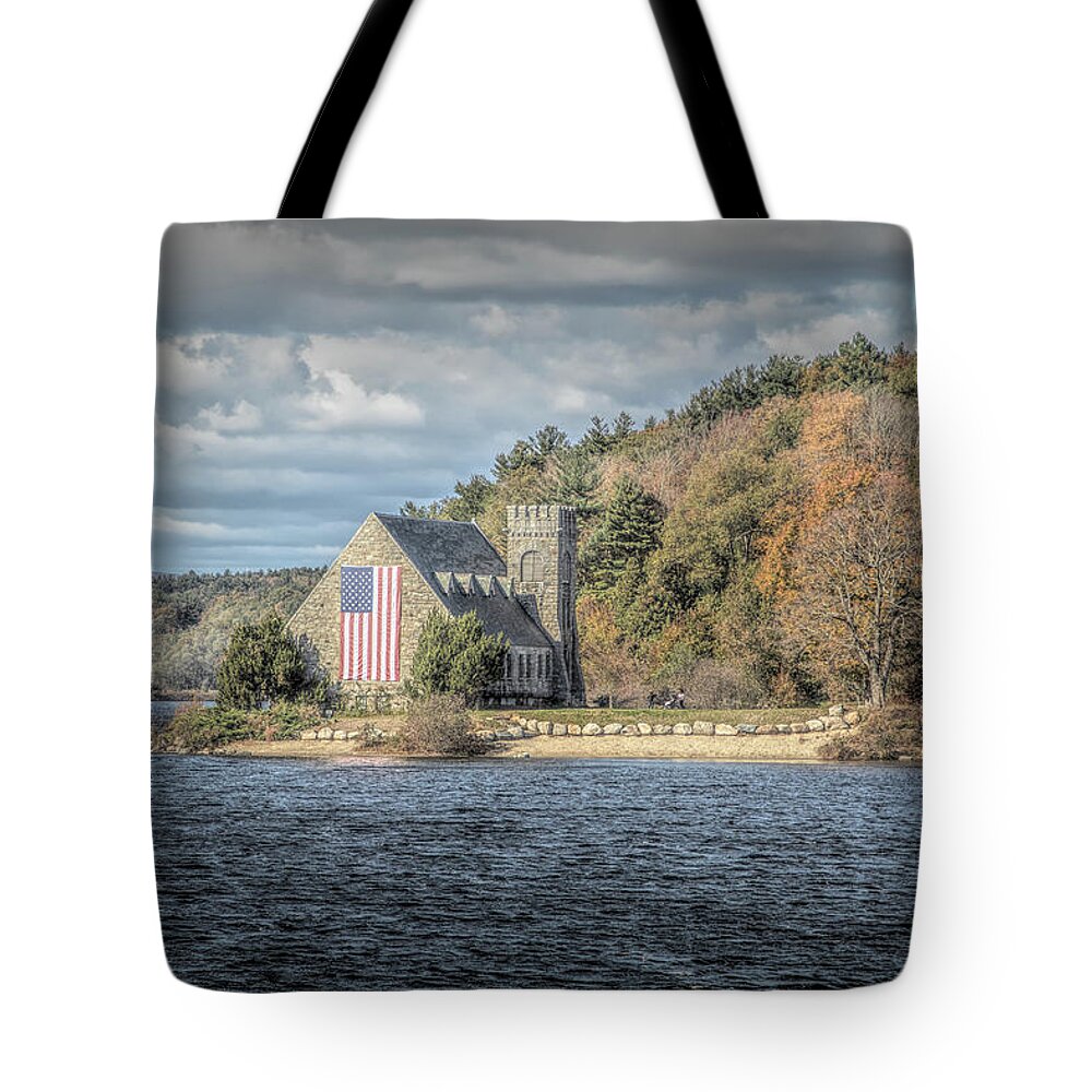 American Flag Tote Bag featuring the photograph Old Stone Church Boylston MA #1 by Jeff Folger