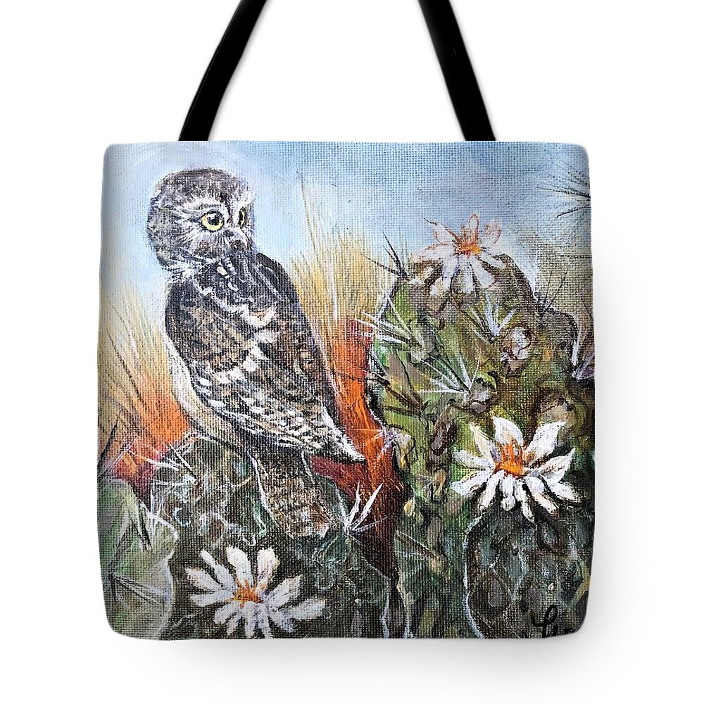 Owl Tote Bag featuring the painting Owl Cactus by Linda Shackelford