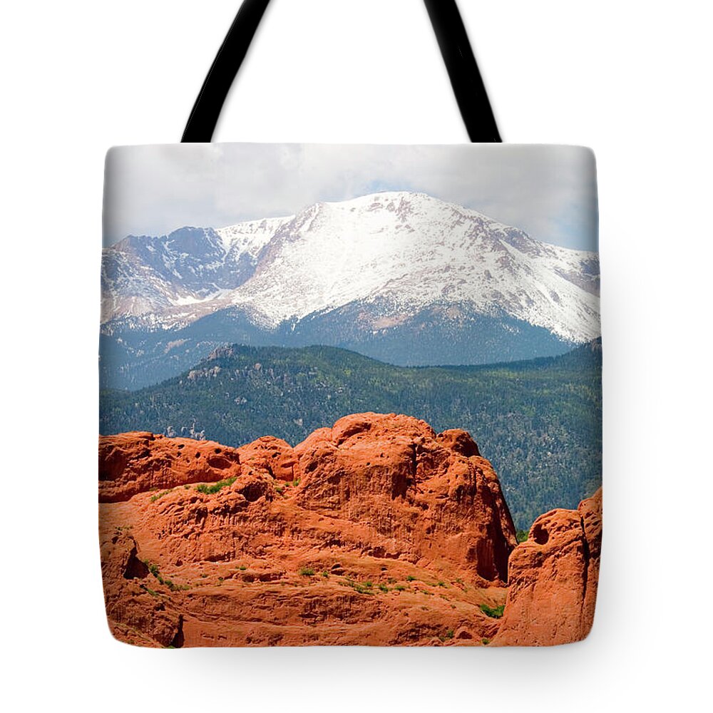 Snow Tote Bag featuring the photograph Pikes Peak And Garden Of The Gods by Swkrullimaging