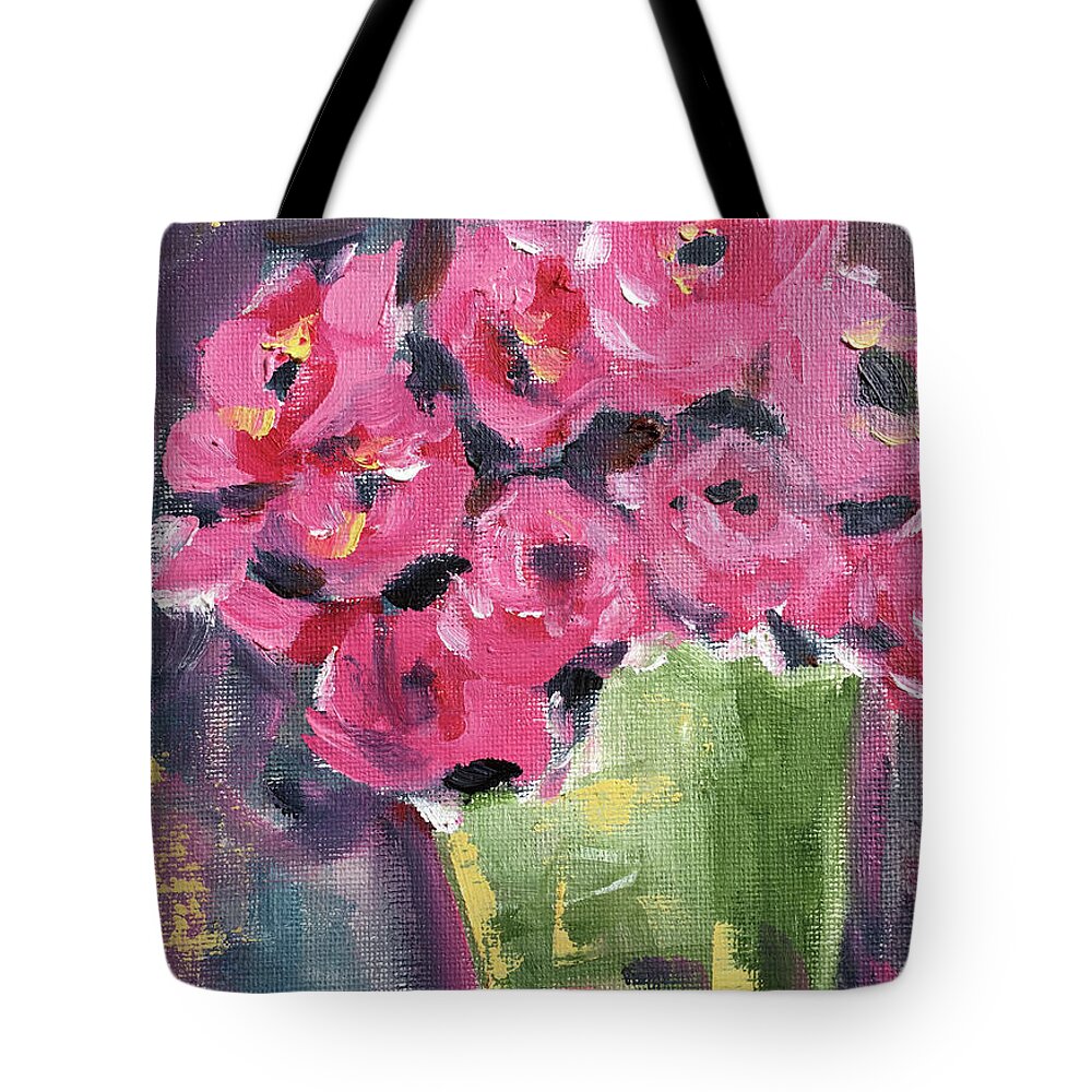 Roses Tote Bag featuring the painting Pink Roses in a Green Bucket by Roxy Rich