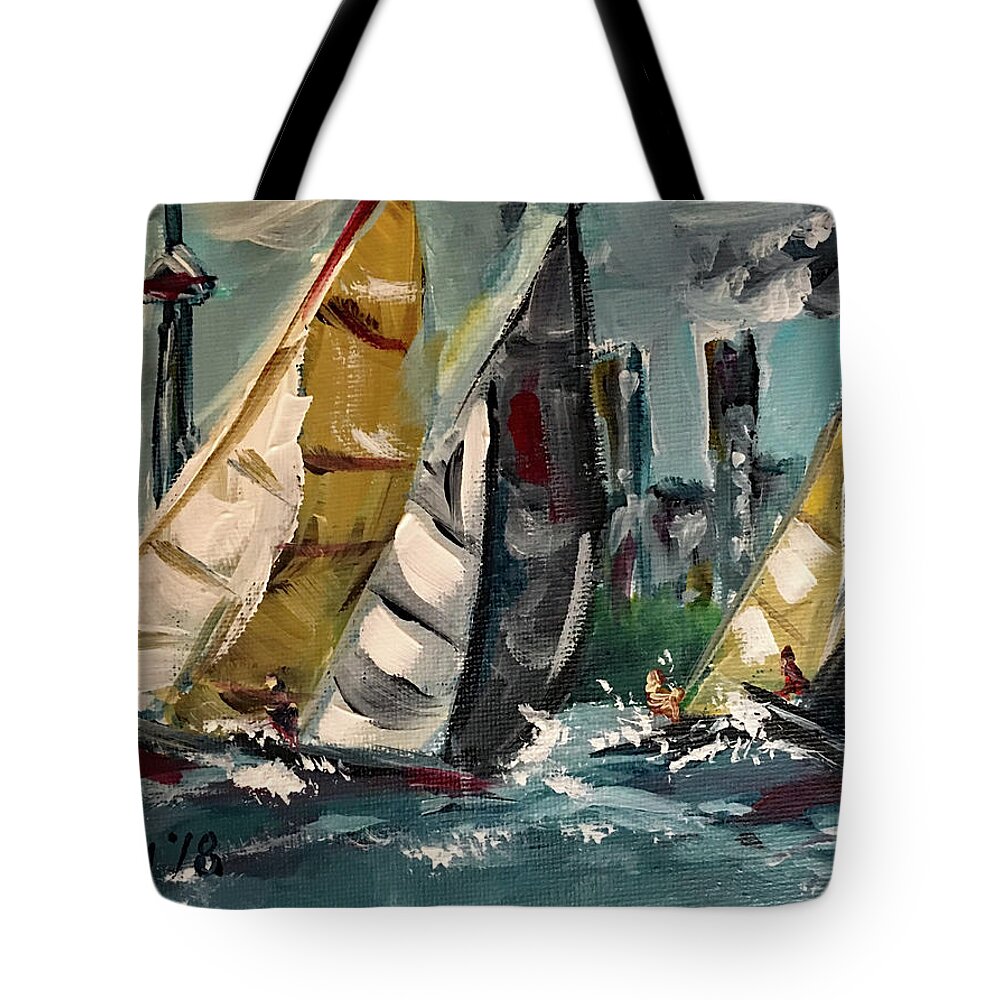 Harbor Tote Bag featuring the painting Racing Day by Roxy Rich