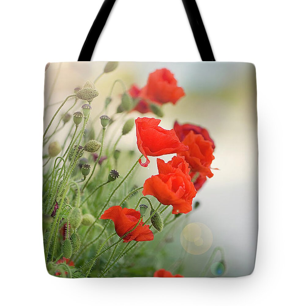 Outdoors Tote Bag featuring the photograph Red Field Poppies #1 by Jacky Parker Photography