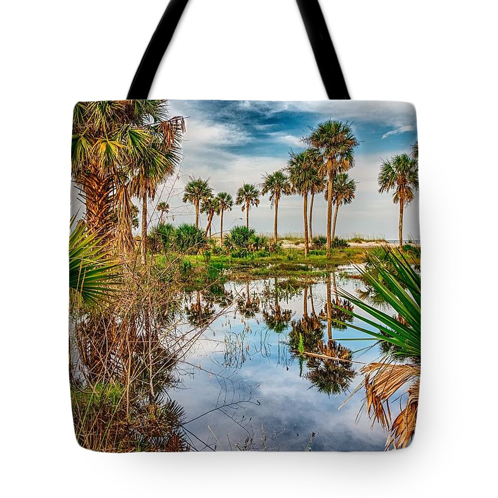 Beach Tote Bag featuring the photograph Reflections Of Palm Trees On Hunting Island South Carolina #1 by Alex Grichenko