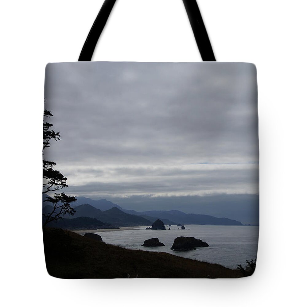Cannon Beach Tote Bag featuring the photograph Silhouette of conifer against seacoast #2 by Steve Estvanik
