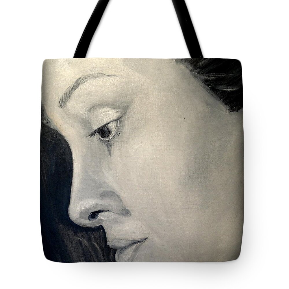 Grey Black White Shades Eyes Nose Mouth Hair Study Highlights Tote Bag featuring the painting Sonja #1 by Ida Eriksen