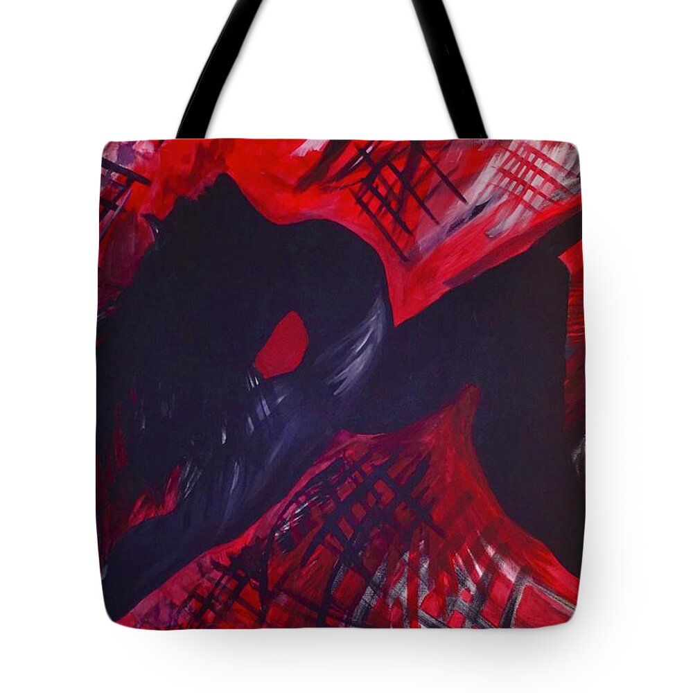 Red And Black Art Tote Bag featuring the mixed media Stretch #1 by Tara Rocker