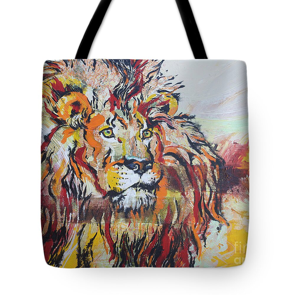 Lion Tote Bag featuring the painting The King by Jyotika Shroff