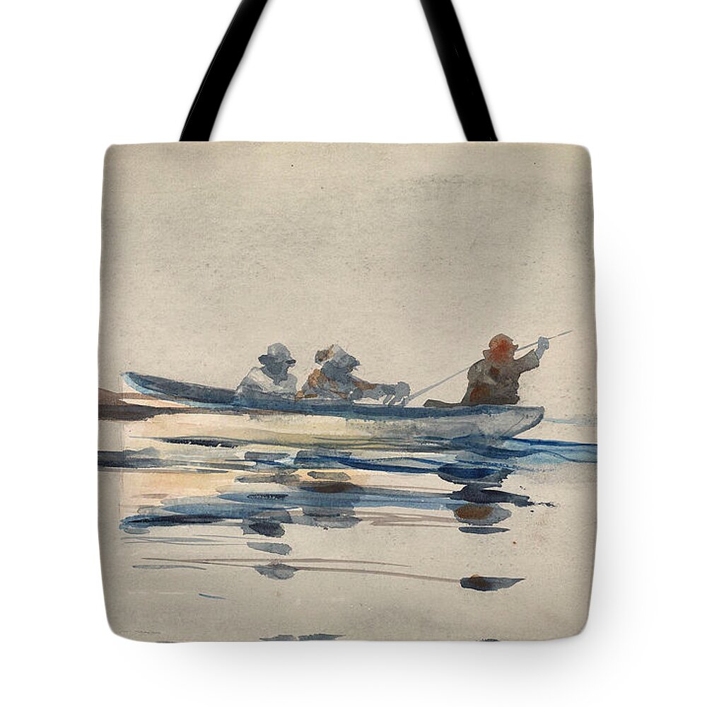 Winslow Homer Tote Bag featuring the drawing Three Men in a Boat by Winslow Homer
