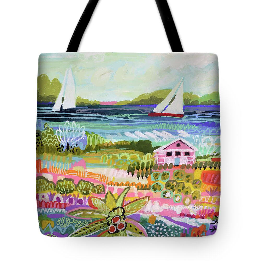 Coastal Tote Bag featuring the painting Two Sailboats And Cottage I by Karen Fields