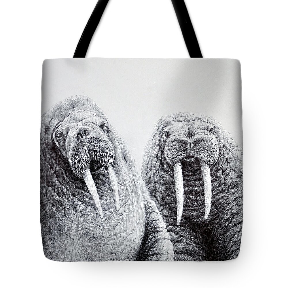 Animal Tote Bag featuring the drawing Walrus Buddies by Rick Hansen