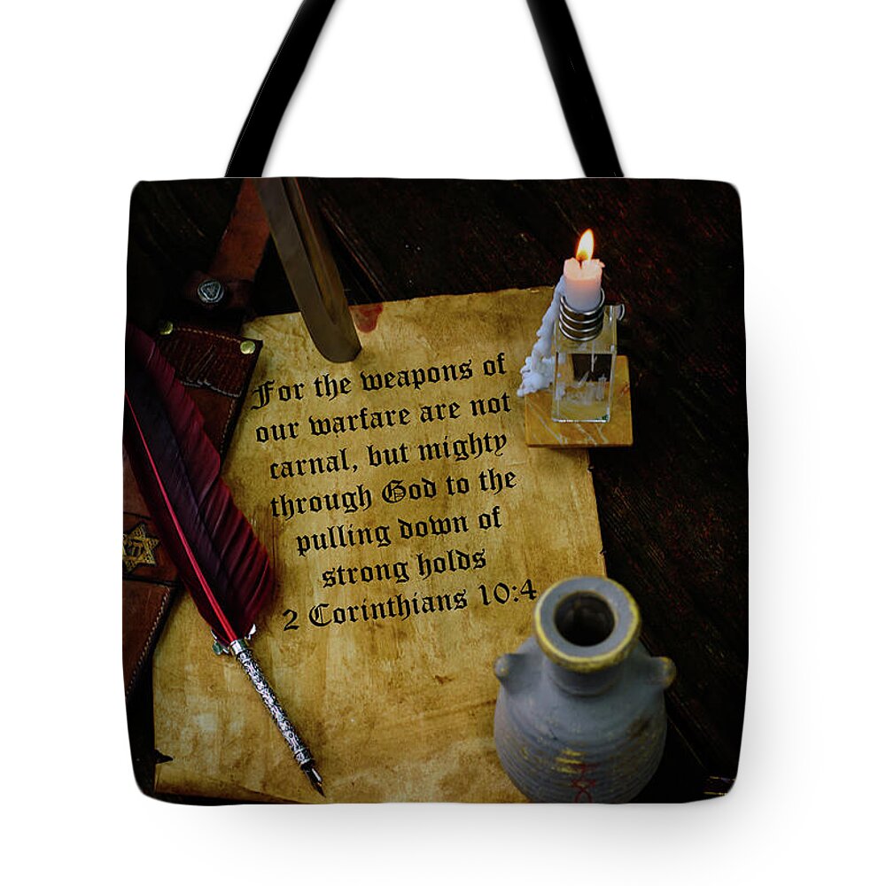 Verse Tote Bag featuring the photograph Weapons of Warfare #1 by Tikvah's Hope