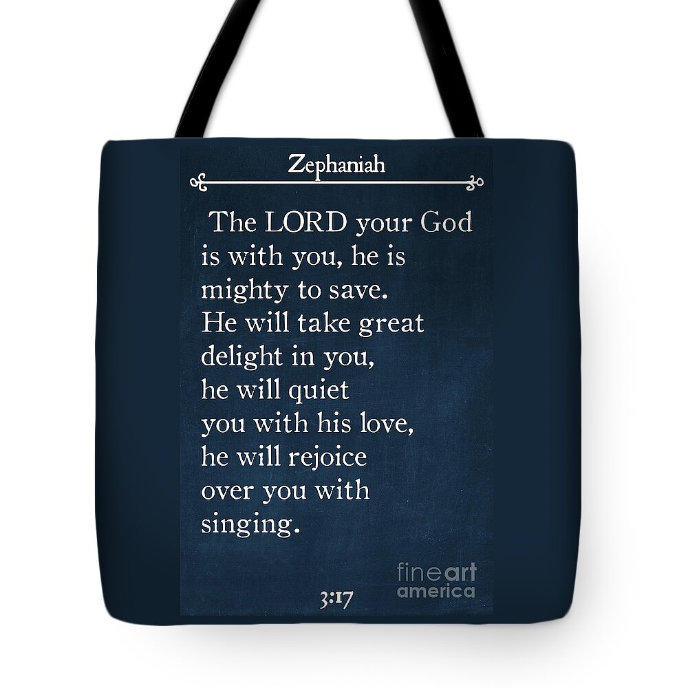 Zephaniah Tote Bag featuring the painting Zephaniah 3 17- Inspirational Quotes Wall Art Collection #3 by Mark Lawrence