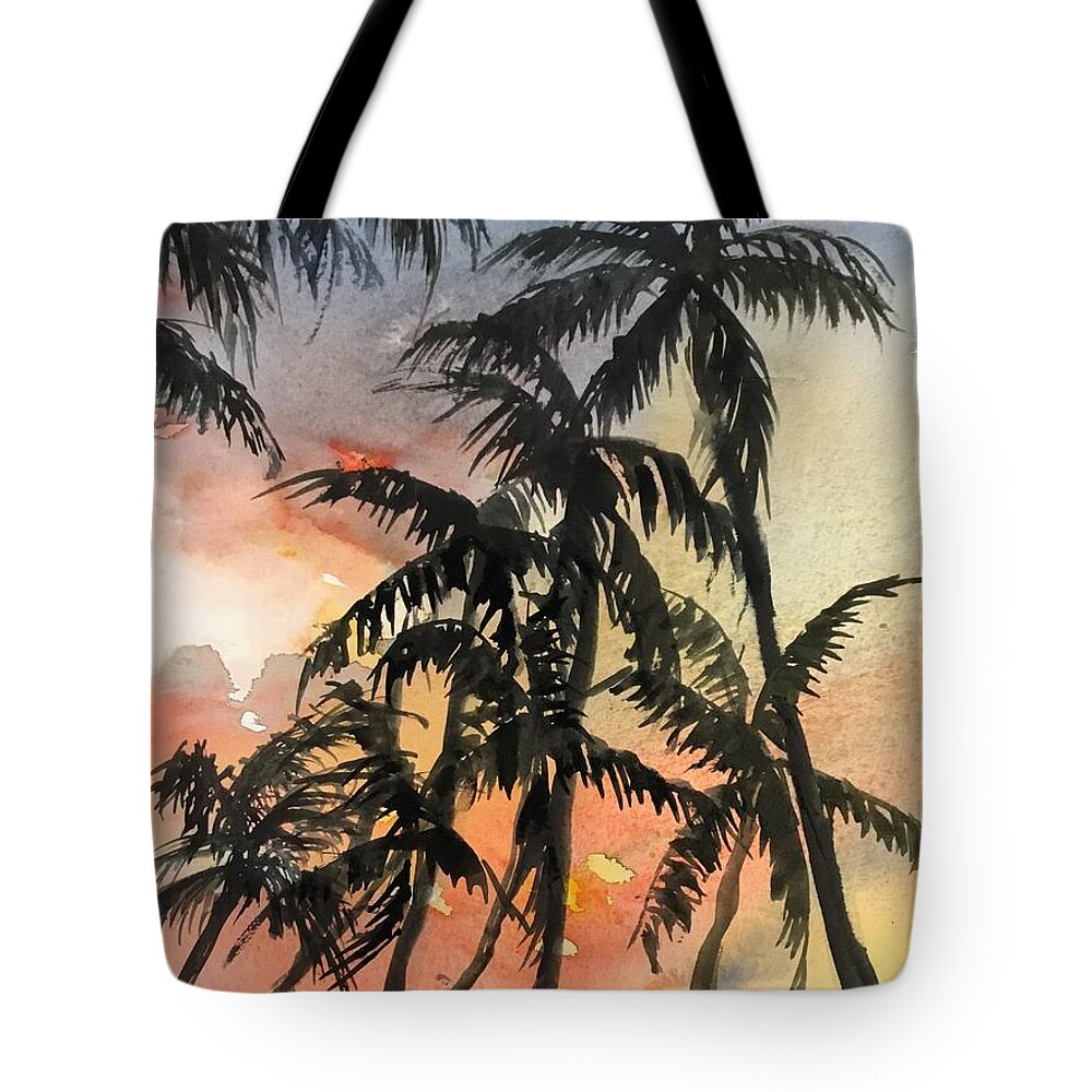 The Palm Trees Under The Sunset Tote Bag featuring the painting 1042019 by Han in Huang wong