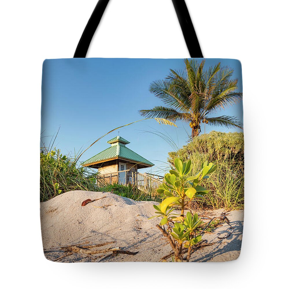 Estock Tote Bag featuring the digital art Florida, Boca Raton, Lifeguard Tower With Palm Tree At The Beach #11 by Laura Diez