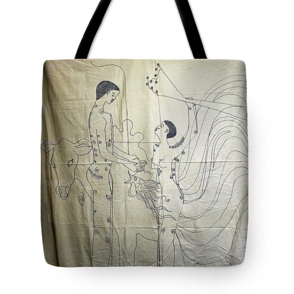 Jesus Tote Bag featuring the painting Kintu and Nambi #110 by Gloria Ssali