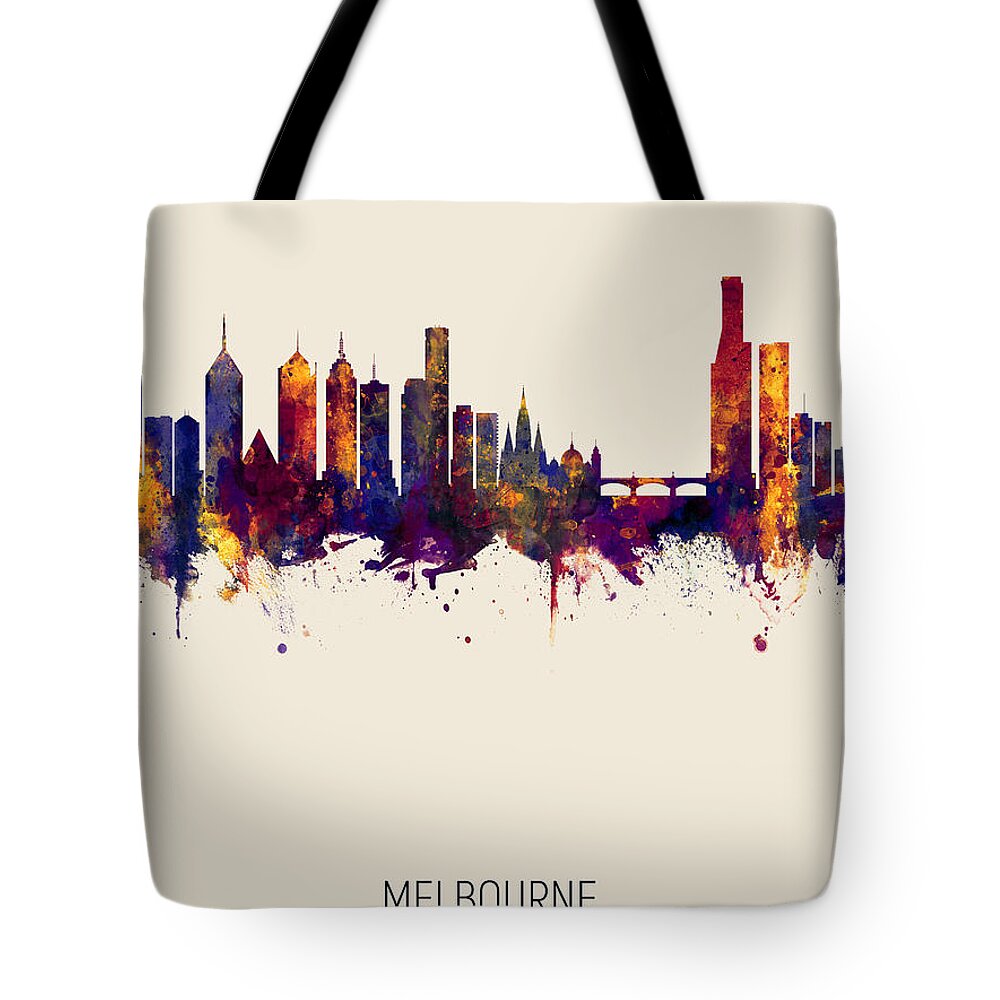 Melbourne Tote Bag featuring the digital art Melbourne Australia Skyline by Michael Tompsett