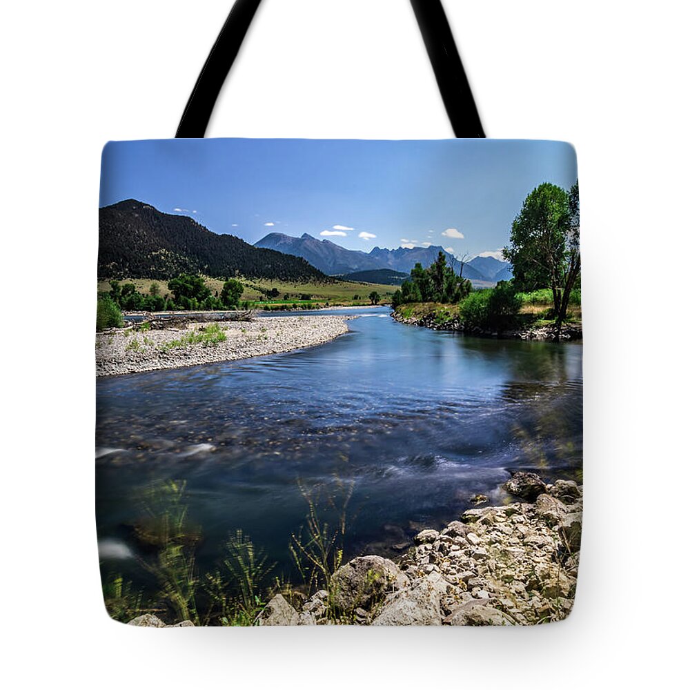 River Tote Bag featuring the photograph Yellowstone River At Sunrise Near Yellowstone Park #12 by Alex Grichenko