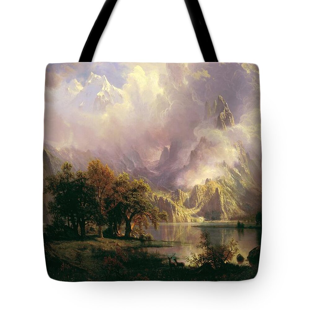 Albert Tote Bag featuring the painting Rocky Mountain Landscape by Albert Bierstadt