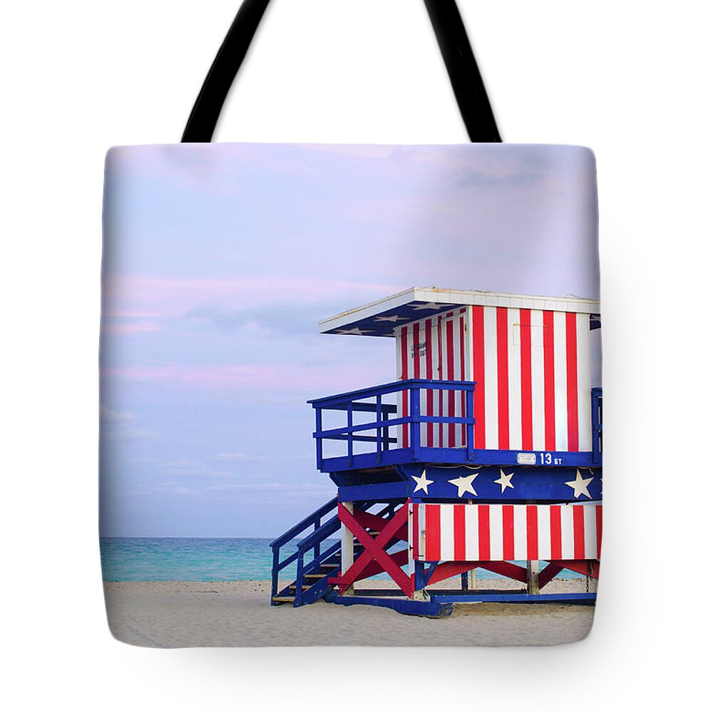 Beach Hut Tote Bag featuring the photograph 13th Street Lifeguard Hut In Miami by Gregobagel