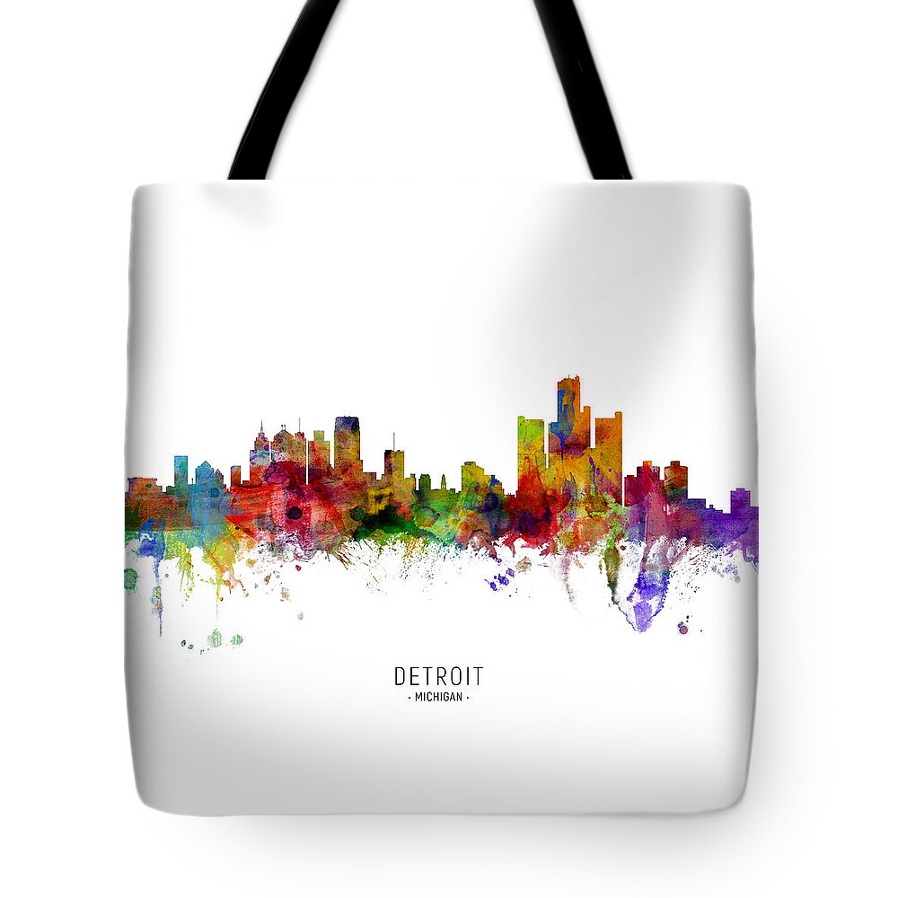 Detroit Tote Bag featuring the digital art Detroit Michigan Skyline by Michael Tompsett