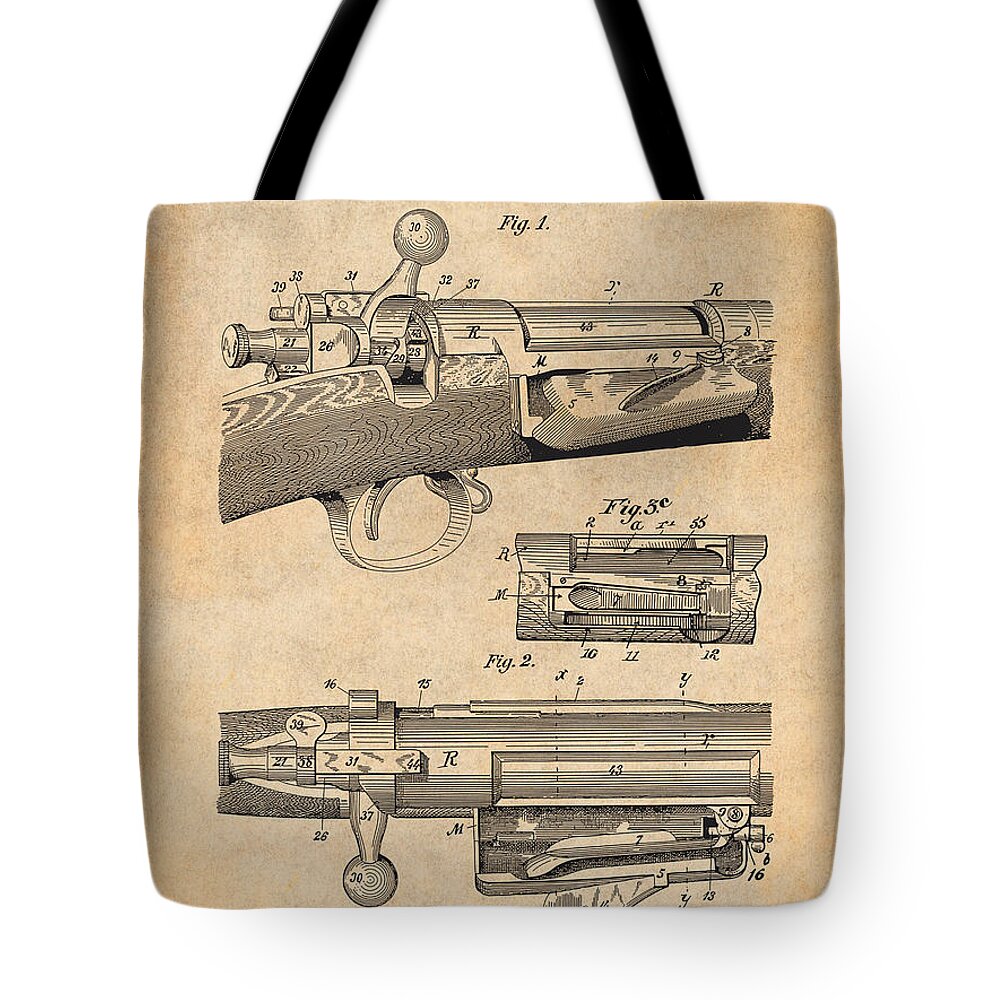 Springfield Tote Bag featuring the drawing 1892 Springfield Model Krag Jorgensen Rifle Patent Print Antique Paper by Greg Edwards