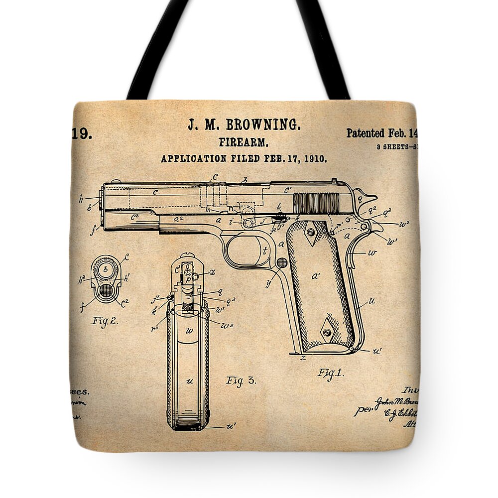 1911 Colt 45 Tote Bag featuring the drawing 1911 Colt 45 Antique Paper Patent Print by Greg Edwards