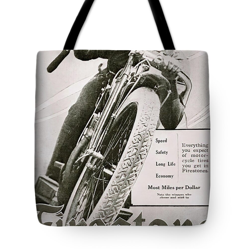 Vintage Tote Bag featuring the mixed media 1920s Firestone Advertisement Motorcycle Tires by Retrographs