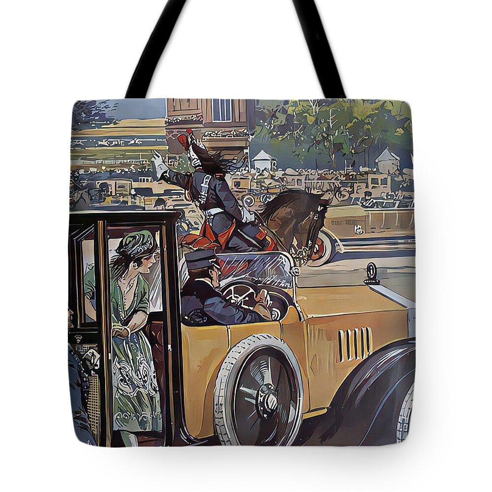 Vintage Tote Bag featuring the mixed media 1921 Formal Vehicle With Driver And Passengers Elegant City Setting Original French Art Deco Illustration by Retrographs