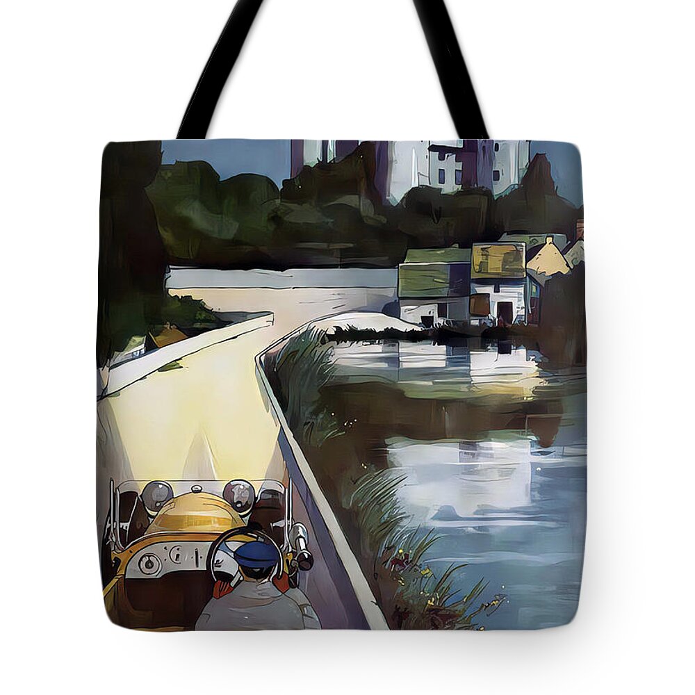 Vintage Tote Bag featuring the mixed media 1923 Sports Car With Driver Approaching Lakeside Castle Original French Art Deco Illustration by Retrographs
