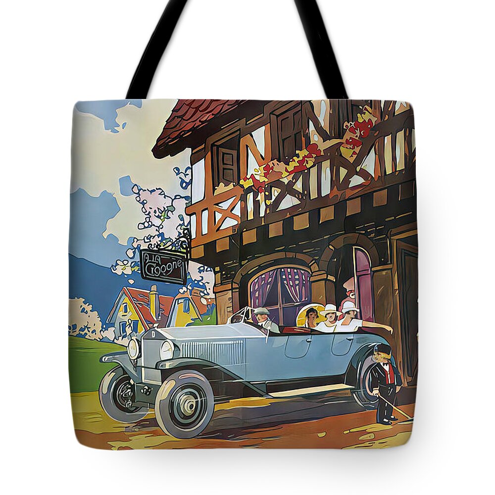 Vintage Tote Bag featuring the mixed media 1926 Lancia Touring Car With Passengers Tavern Setting Original French Art Deco Illustration by Retrographs