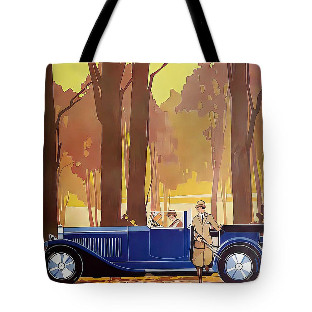 Vintage Tote Bag featuring the mixed media 1927 Open Touring Car With Woman Hunters In Forest Setting Original French Art Deco Illustration by Retrographs