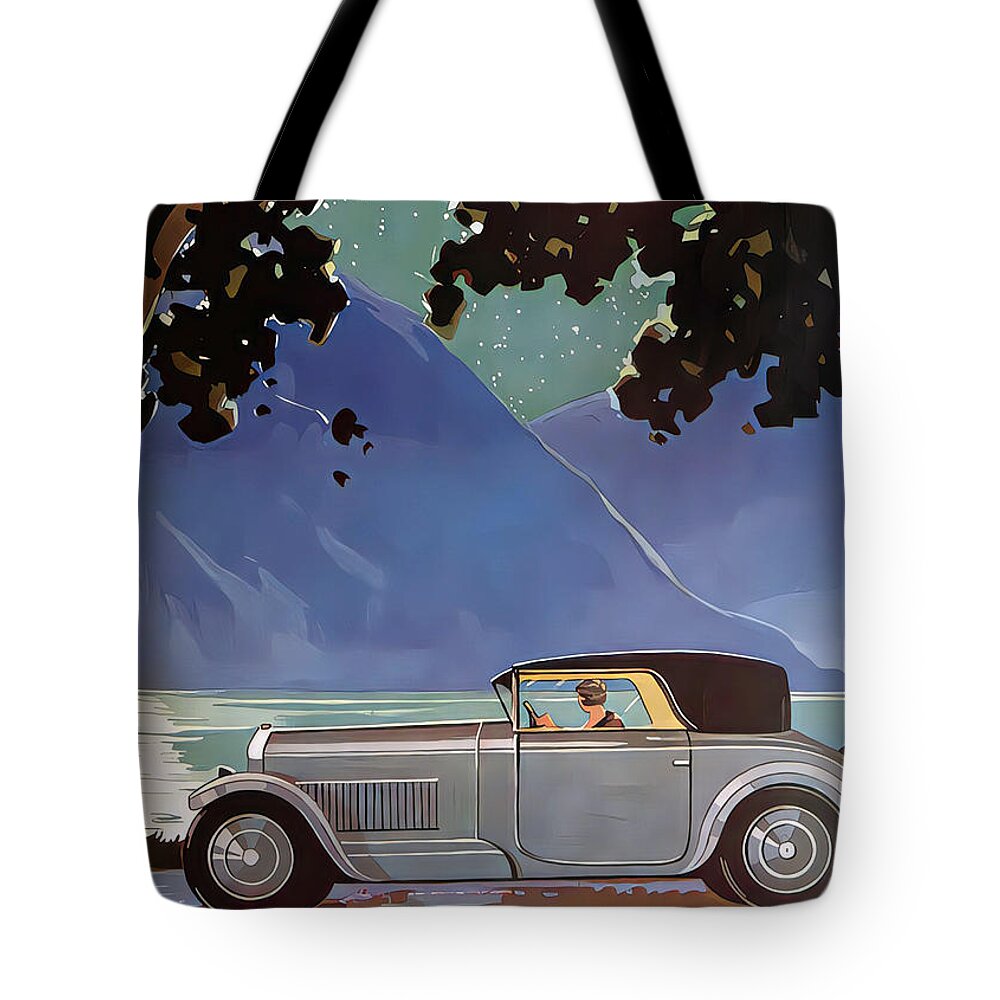 Vintage Tote Bag featuring the mixed media 1928 Delage Woman Driver In Elegant Lakeside Setting Original French Art Deco Illustration by Retrographs