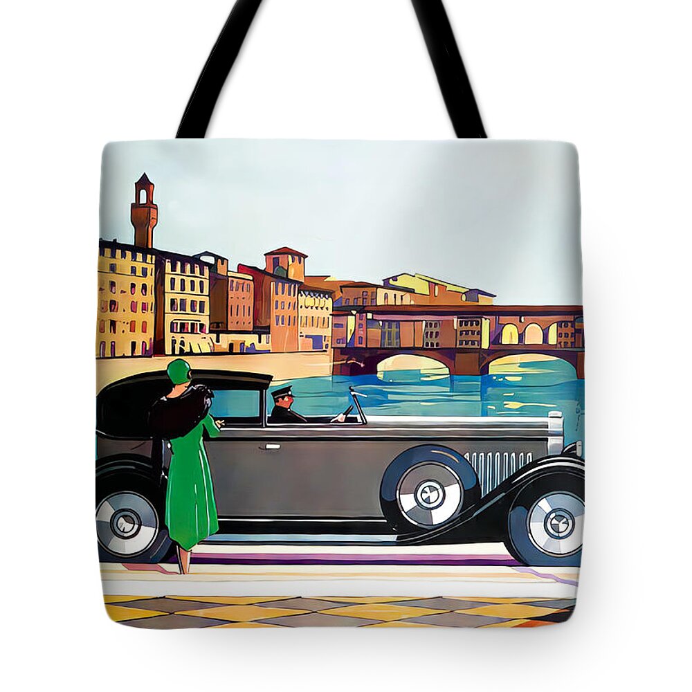 Vintage Tote Bag featuring the mixed media 1929 Town Car With Driver And Woman Passenger City Canal Original French Art Deco Illustration by Retrographs
