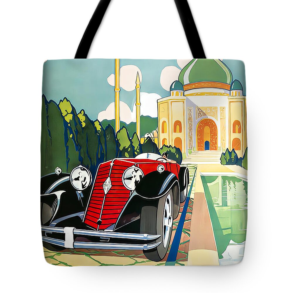 Vintage Tote Bag featuring the mixed media 1930 Renault Sports Skiff Touring Car Eastern Poolside Setting Original French Art Deco Illustration by Retrographs