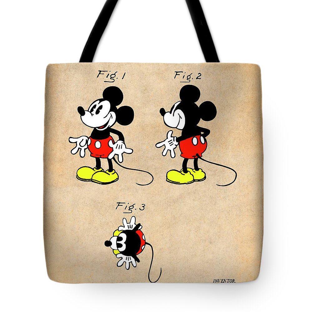 Walt Disney Tote Bag featuring the drawing 1930 Walt Disney Colorized Mickey Mouse Patent Print Antique Paper by Greg Edwards