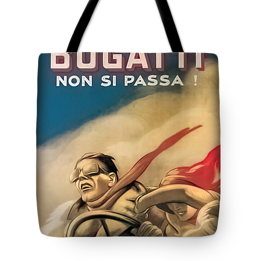 Vintage Tote Bag featuring the mixed media 1930s Bugatti Non Si Passa With Driver And Woman by Retrographs