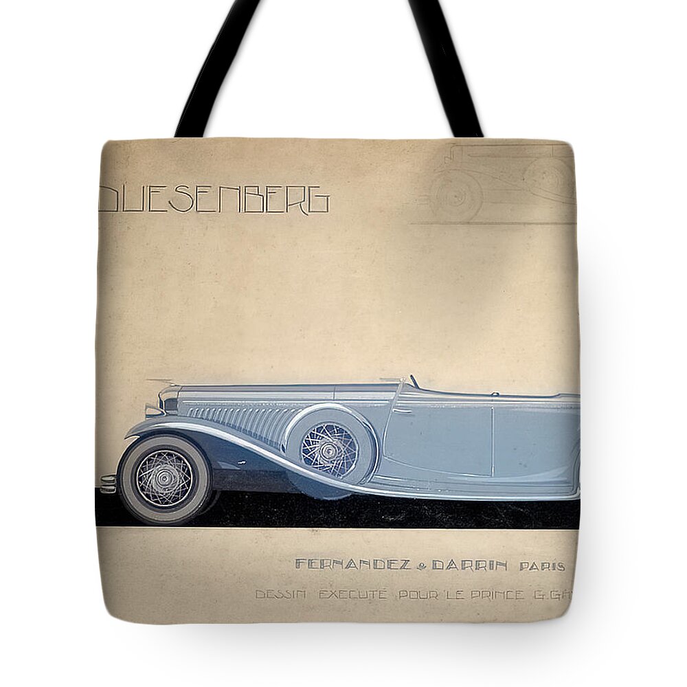 Vintage Tote Bag featuring the drawing 1930s Design Rendering For Duesenberg Roadster By Fernandez And Darrin by Retrographs