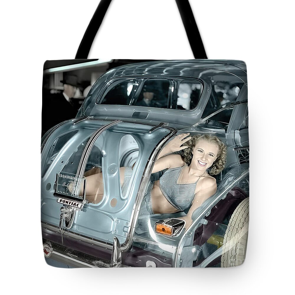 Vintage Tote Bag featuring the photograph 1930s Transparent Vehicle With Woman In Trunk Colorized by Tony Granback