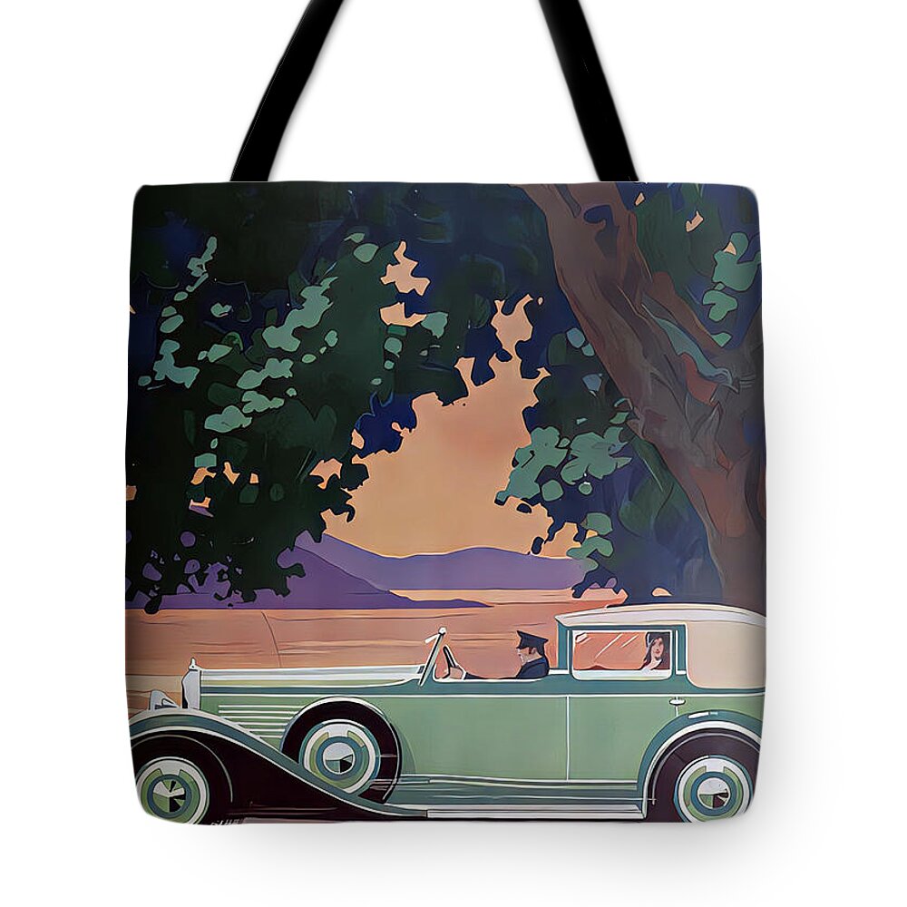 Vintage Tote Bag featuring the mixed media 1931 Town Car With Driver And Occupants Lakeside Setting Original French Art Deco Illustration by Retrographs