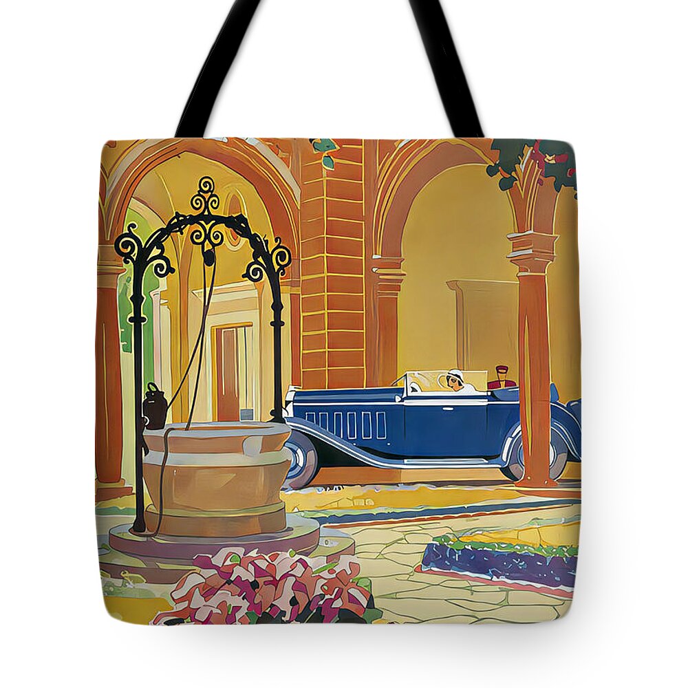 Vintage Tote Bag featuring the mixed media 1932 Touring Car With Woman Driver In Elegant Courtyard Original French Art Deco Illustration by Retrographs