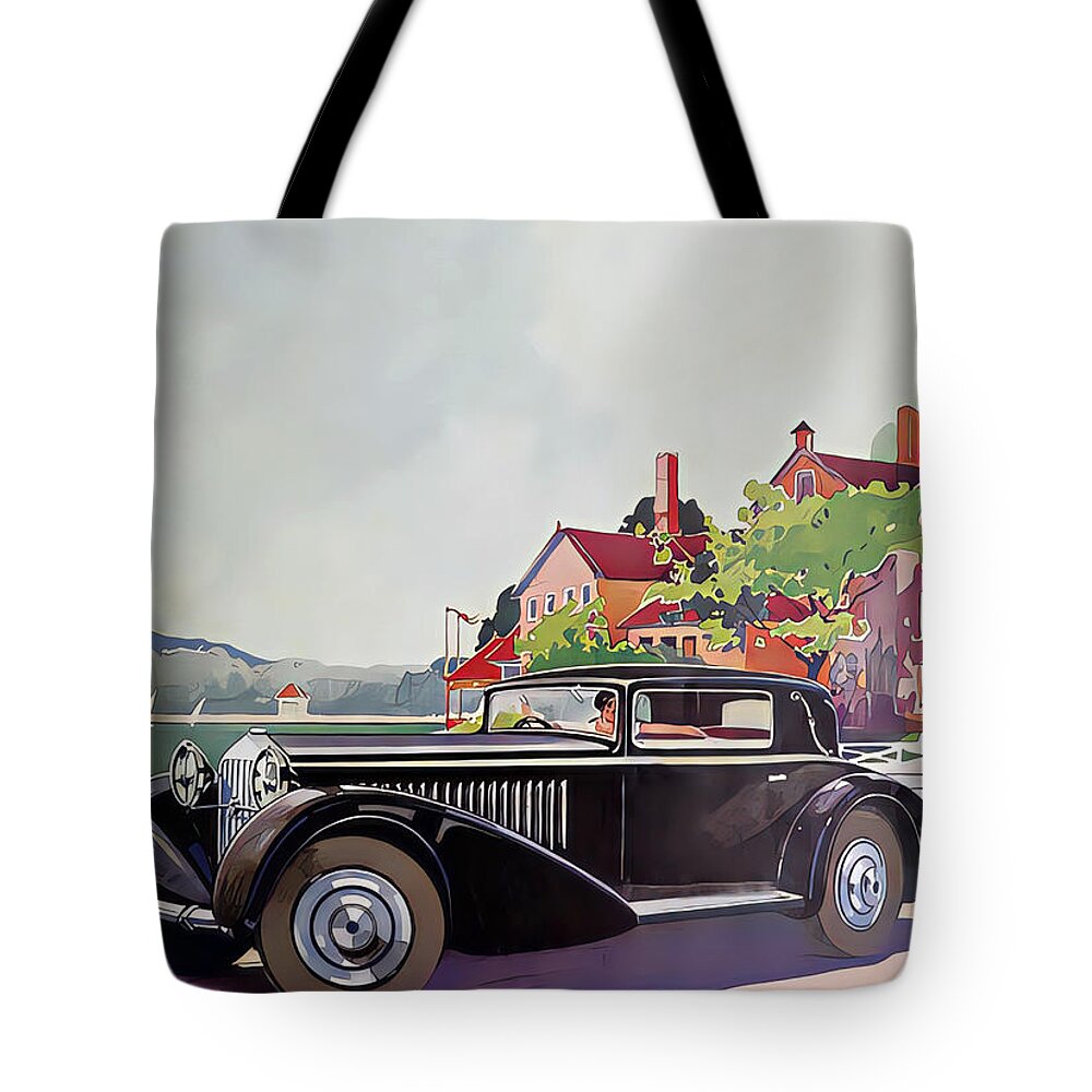 Vintage Tote Bag featuring the mixed media 1933 Delage Coupe With Woman Driver In Elegant Lakeside Setting Original French Art Deco Illustration by Retrographs