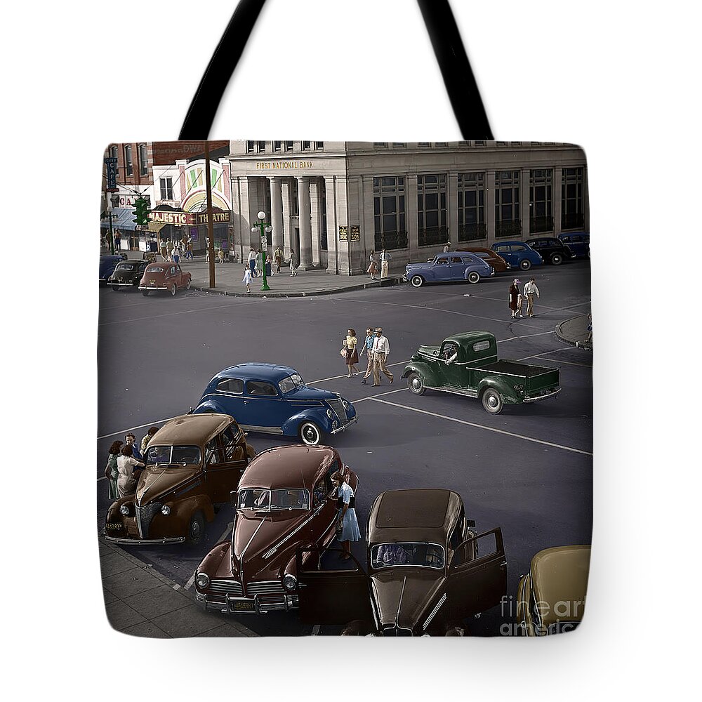 Vintage Tote Bag featuring the photograph 1940s City Square Colorized Image by Retrographs