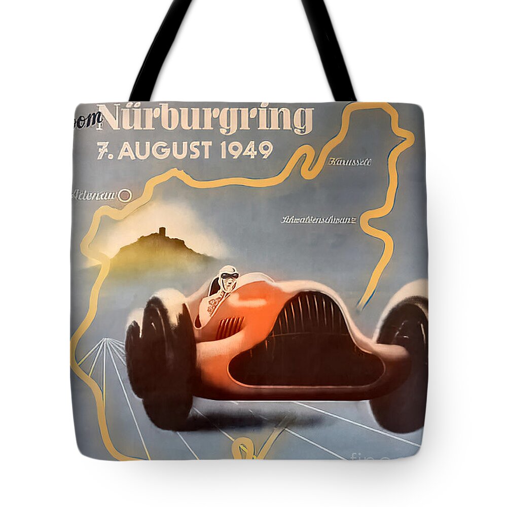 Vintage Tote Bag featuring the mixed media 1949 Nurburgring Race Poster Featuring Alfa Romeo by Retrographs