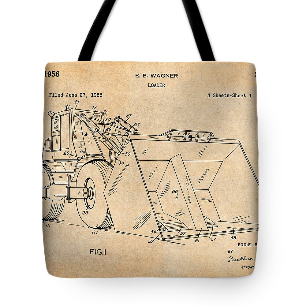 Operator Gift Tote Bag featuring the drawing 1955 Front End Loader Patent Print Antique Paper by Greg Edwards