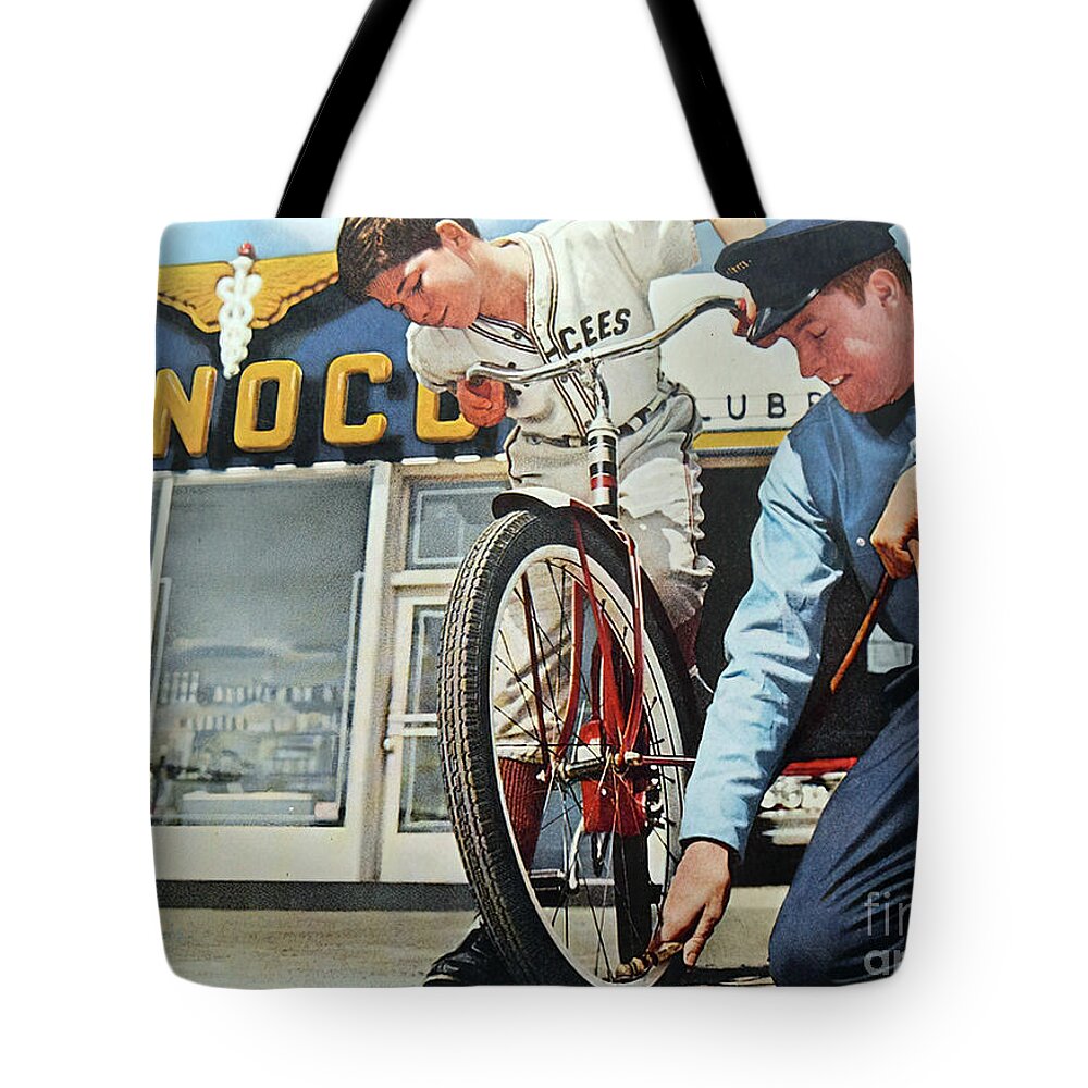 Vintage Tote Bag featuring the mixed media 1960s Advertisement For Sunoco With Attendant And Boy With Bicycle by Retrographs