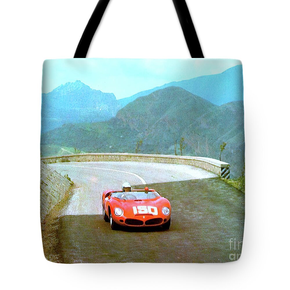 Vintage Tote Bag featuring the photograph 1960s Ferrari Mountain Racing Scene by Retrographs