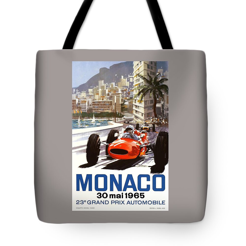 Monaco Grand Prix Tote Bag featuring the digital art 1965 Monaco Grand Prix Racing Poster by Retro Graphics