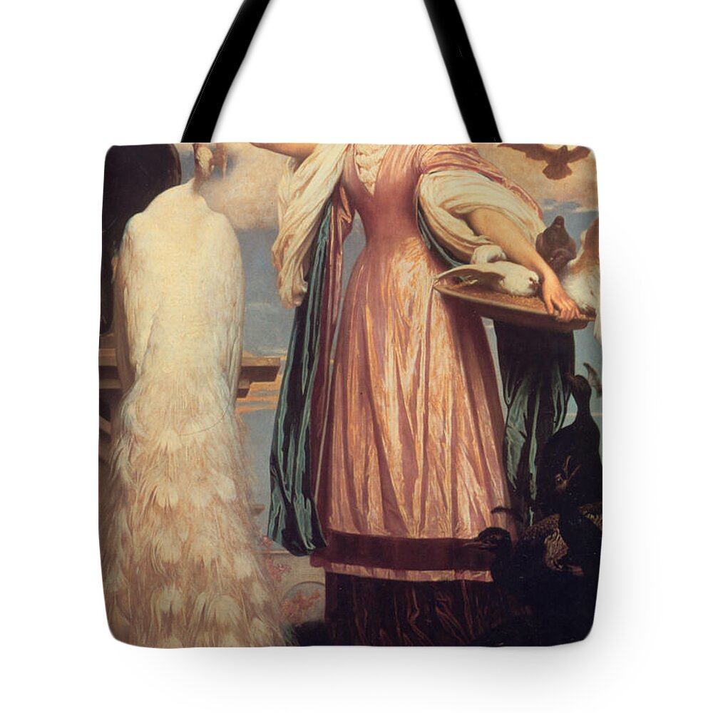 Doves Tote Bag featuring the painting A Girl Feeding Peacocks #2 by Frederic Leighton