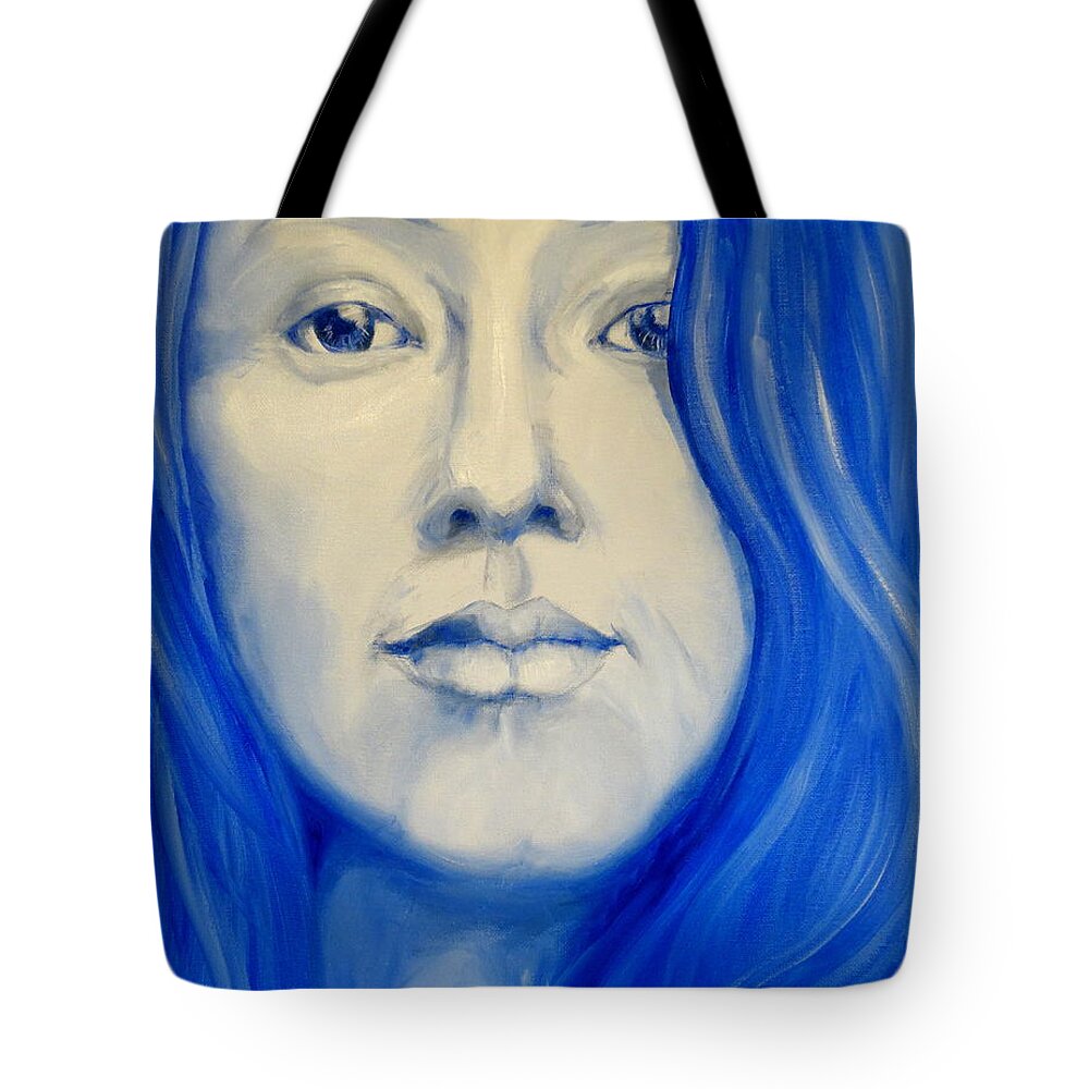 Portrait Mouth Eyes Nose Chin Hair Blue White Yellow Soft Determined Steady Tote Bag featuring the painting Alisha by Ida Eriksen